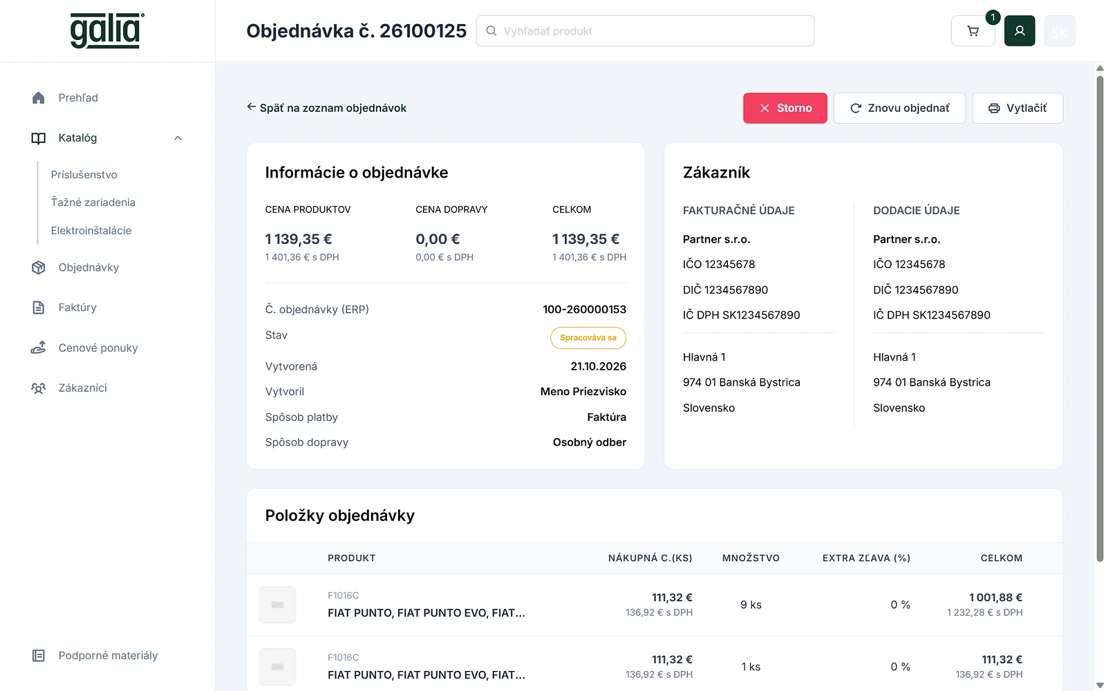 B2B portál Galia – detail objednávky, riešenie od SCR technologies