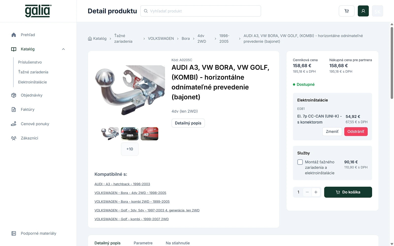 B2B portál Galia – detail ťažného zariadenia s navrhnutou elektroinštaláciou, riešenie od SCR technologies