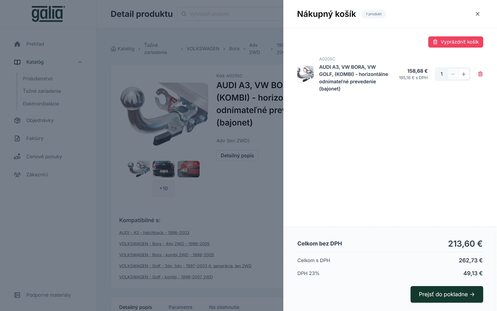 B2B portál Galia – nákupný košík partnera, riešenie od SCR technologies